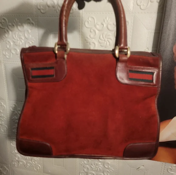 Gucci Burgundy Suede Leather Vintage Sherry Web Satchel Handbag  Authentic - Picture 4 of 16